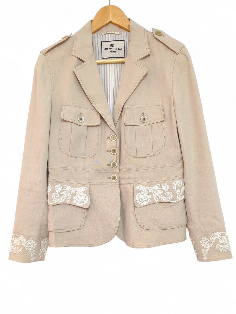 Etro Milano Embroidered Linen Blazer Beige Peplum Jacket IT 46 US 10 - Picture 2 of 10